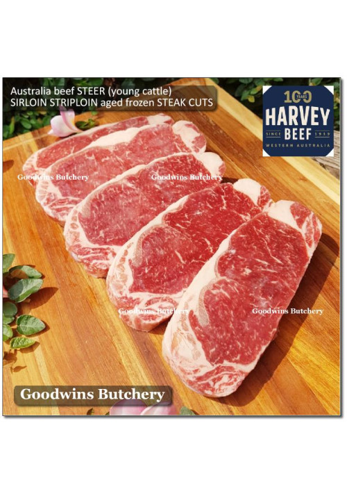 Beef Sirloin AGED BY GOODWINS Australia STEER young cattle (Striploin / New York Strip / Has Luar) frozen brand Harvey/Midfield STEAK 2cm 3/4" (price/pack kg 4-5pcs)